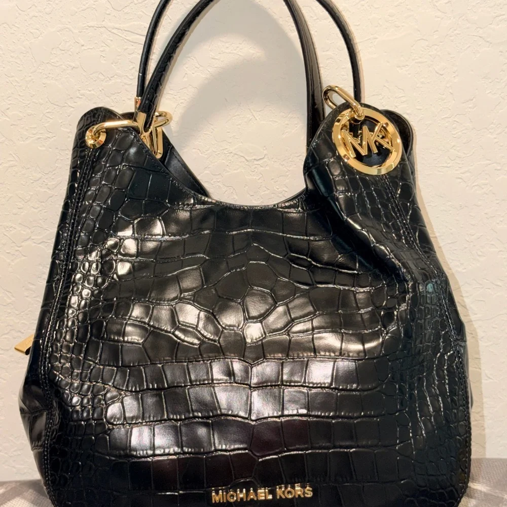 Michael Kors Black Croc-Embossed Leather Shoulder Bag with Gold Hardware